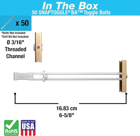 TOGGLER SNAPTOGGLE BA Toggle Anchor, Zinc-Plated Steel Channel, Made in US, 3/8" to 3-5/8" Grip Range, for 3/16"-24 UNC Fastener Size (Pack of 100 Anchor, No Bolts Included) in Kuwait