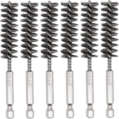 6 Pcs Bore Brush for Drill, 1/4" Hex Shank Stainless Steel Twisted Wire Brush for Drill, Bristle Round Wire Brush with Different Sizes, Tube Pipe Cleaner for Rust (Diameter 12,19,25mm) in Kuwait