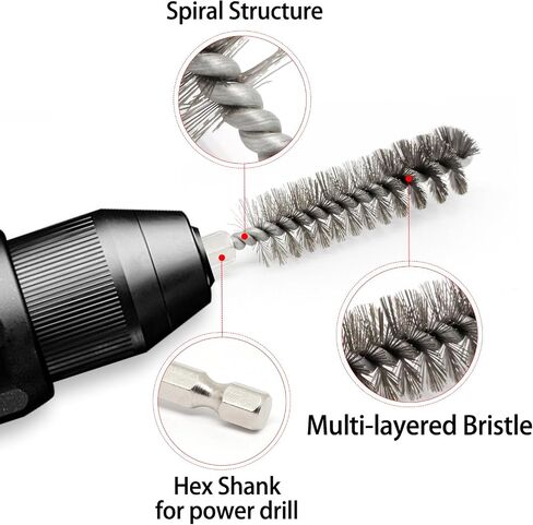 6 Pcs Bore Brush for Drill, 1/4" Hex Shank Stainless Steel Twisted Wire Brush for Drill, Bristle Round Wire Brush with Different Sizes, Tube Pipe Cleaner for Rust (Diameter 12,19,25mm) in Kuwait