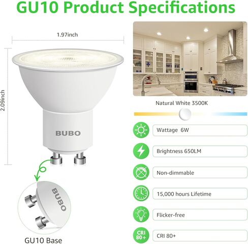 Bubo GU10 LED LED 6W مكافئ 50 واط ، 2700 كيلو أبيض ناعم 650 لومين ، استبدال لمبة GU10 غير قابلة للاستيعاب لإضاءة المسار ، MR16 لمبة LED للمطبخ ، غطاء محرك السيارة ، غرفة المعيشة ، غرفة نوم ، 10 عبوة in Kuwait