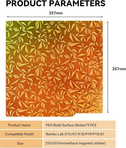 PEO Chameleon Build Surface Sticker 257x257mm, 3PCS 3D Print Heat Bed Platform Sticker Without Spring Steel Sheet and Magnetic Base for Bambu Lab X1/X1C/P1P/P1S/A1 3D Printers in Kuwait