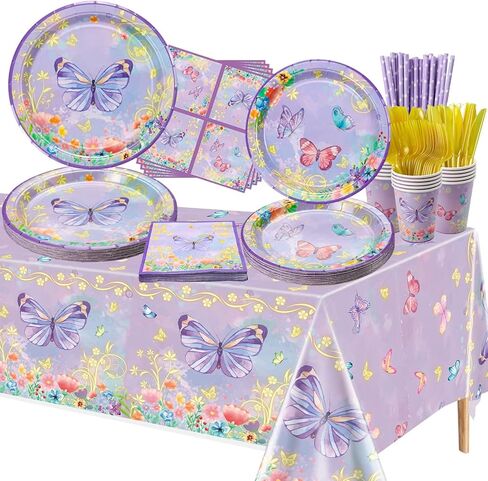 166 PCS Butterfly Birthday Party Supplies - Butterfly Plates, Napkins, Cups, Tablecloth, Knives, Fork, Spoon, and Straws for Girls Baby Shower, Fairy Themed Party Decorations, Serves 20 Guests in Kuwait