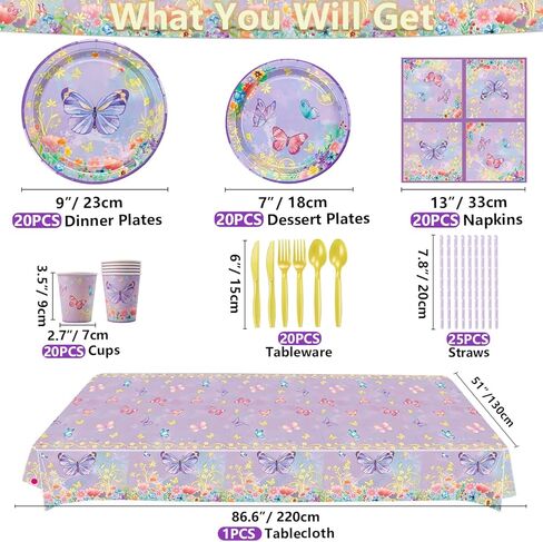 166 PCS Butterfly Birthday Party Supplies - Butterfly Plates, Napkins, Cups, Tablecloth, Knives, Fork, Spoon, and Straws for Girls Baby Shower, Fairy Themed Party Decorations, Serves 20 Guests in Kuwait