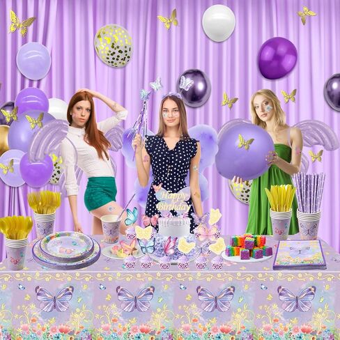166 PCS Butterfly Birthday Party Supplies - Butterfly Plates, Napkins, Cups, Tablecloth, Knives, Fork, Spoon, and Straws for Girls Baby Shower, Fairy Themed Party Decorations, Serves 20 Guests in Kuwait