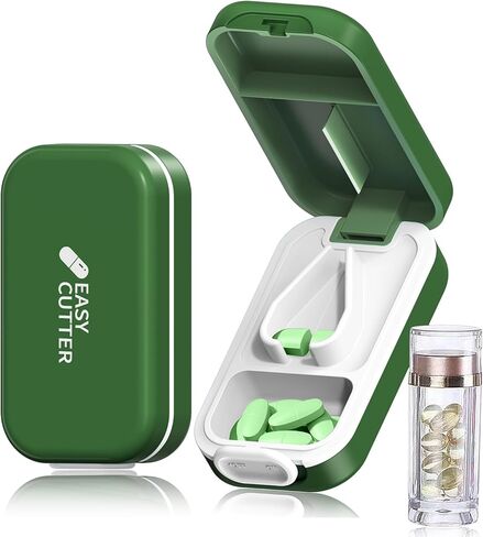 Pill Cutter | Best Pill Cutter for Small or Large Pills |with Safety Lock Buckle Design in The USA| Cuts Vitamins | Pill Splitter Detachable Silicone pad Easy to wash with Crystal Pill Box (Grey) in Kuwait