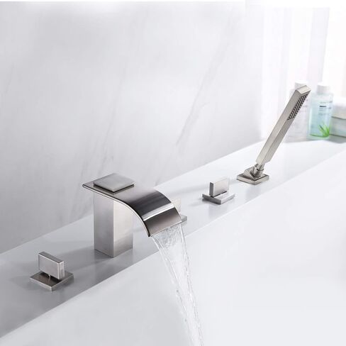 SUMERAIN Roman Tub Faucet Set 5 Holes Deck Mount Waterfall Bathtub Faucet with Handheld Shower Brushed Gold in Kuwait