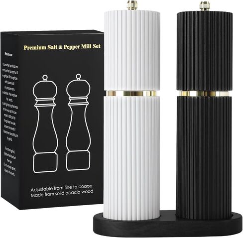 Wooden Salt and Pepper Grinder Set,Refillable Salt and Pepper grinder with adjustable Coarseness,Acacia Wood pepper mill manual,Salt and Pepper Shakers Matching Wooden tray-Ideal for Gifting in Kuwait