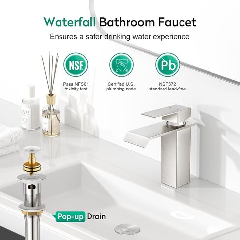 CREA Brushed Gold Bathroom Faucet 1 Hole,Gold Waterfall Bathroom Faucet Single Handle Bathroom Sink Faucet with Drain Stopper/ 3 Hole Deck Plate,RV Basin Vanity Faucet,Stainless Steel in Kuwait