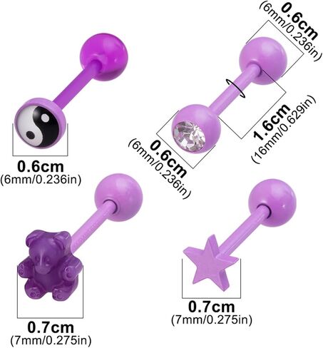 4pc 14G Pink Tongue Rings Acrylic Trendy Stainless Steel Tongue Barbell Body Piercing Jewelry(Mushroom、Yin Yang、Round Crystal、Heart Shape) in Saudi Arabia
