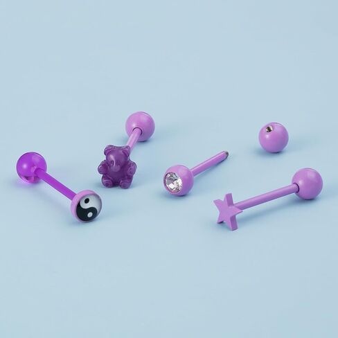 4pc 14G Pink Tongue Rings Acrylic Trendy Stainless Steel Tongue Barbell Body Piercing Jewelry(Mushroom、Yin Yang、Round Crystal、Heart Shape) in Saudi Arabia