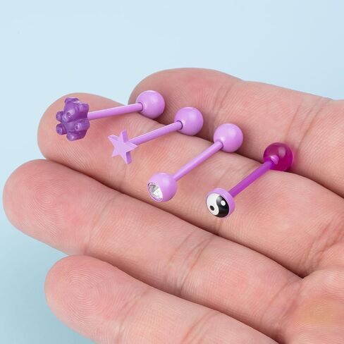 4pc 14G Pink Tongue Rings Acrylic Trendy Stainless Steel Tongue Barbell Body Piercing Jewelry(Mushroom、Yin Yang、Round Crystal、Heart Shape) in Saudi Arabia