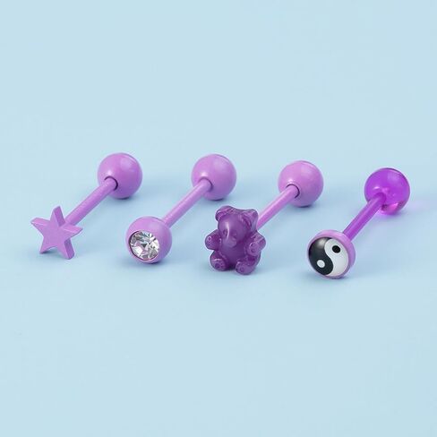 4pc 14G Pink Tongue Rings Acrylic Trendy Stainless Steel Tongue Barbell Body Piercing Jewelry(Mushroom、Yin Yang、Round Crystal、Heart Shape) in Saudi Arabia