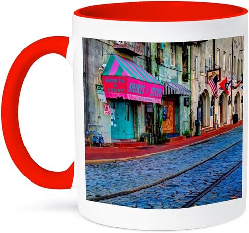 3Drose USA Georgia Savannah Buildings على طول River Street Two Two Mug ، 11 أوقية ، أسود in Kuwait