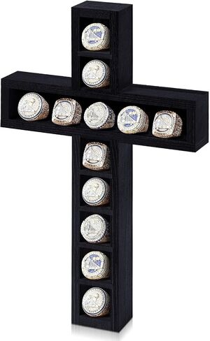 Championship Ring Cross Display Case 12 Ring Posts Baseball Ring Holder 9 x 14.4 Inches Wall Mount Wooden Shadow Box for Sports Award Rings Fan Souvenirs Display(Walnut) in Kuwait