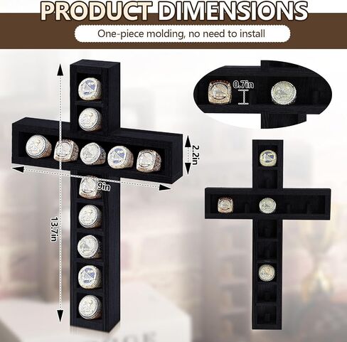 Championship Ring Cross Display Case 12 Ring Posts Baseball Ring Holder 9 x 14.4 Inches Wall Mount Wooden Shadow Box for Sports Award Rings Fan Souvenirs Display(Walnut) in Kuwait