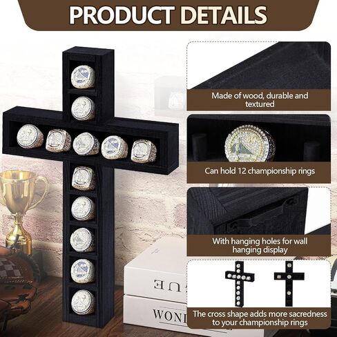 Championship Ring Cross Display Case 12 Ring Posts Baseball Ring Holder 9 x 14.4 Inches Wall Mount Wooden Shadow Box for Sports Award Rings Fan Souvenirs Display(Walnut) in Kuwait