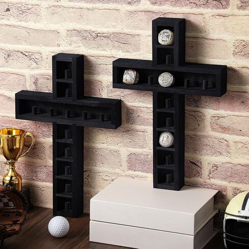 Championship Ring Cross Display Case 12 Ring Posts Baseball Ring Holder 9 x 14.4 Inches Wall Mount Wooden Shadow Box for Sports Award Rings Fan Souvenirs Display(Walnut) in Kuwait