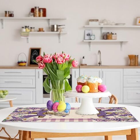 He is Risen Easter Religious Cross Table Runner, Lavender Daisy Flower Purple Plaid Kitchen Dining Table Decoration, Spring Farmhouse Burlap Indoor Outdoor Home Decor Party Supply 13 x 72 Inches in Kuwait