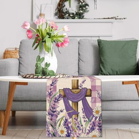 He is Risen Easter Religious Cross Table Runner, Lavender Daisy Flower Purple Plaid Kitchen Dining Table Decoration, Spring Farmhouse Burlap Indoor Outdoor Home Decor Party Supply 13 x 72 Inches in Kuwait