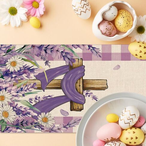 He is Risen Easter Religious Cross Table Runner, Lavender Daisy Flower Purple Plaid Kitchen Dining Table Decoration, Spring Farmhouse Burlap Indoor Outdoor Home Decor Party Supply 13 x 72 Inches in Kuwait