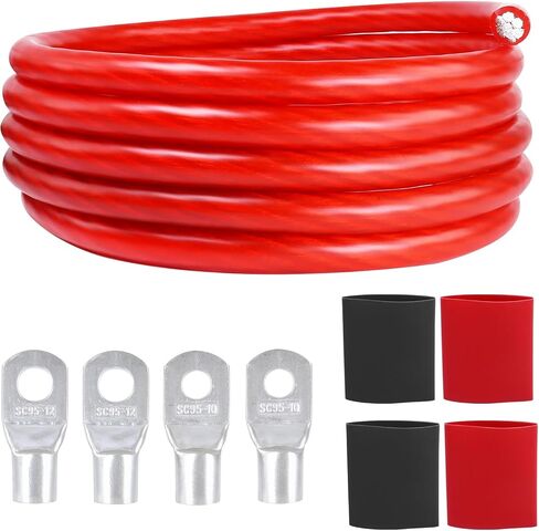 2/0 AWG Battery Cable (12 Feet Black, 12 Feet Red) - 2/0 Gauge CCA Welding Wire with SC Connector Lugs & 3:1 Heat Shrink Tubes for Solar, Car, RV, Accumulator in Kuwait