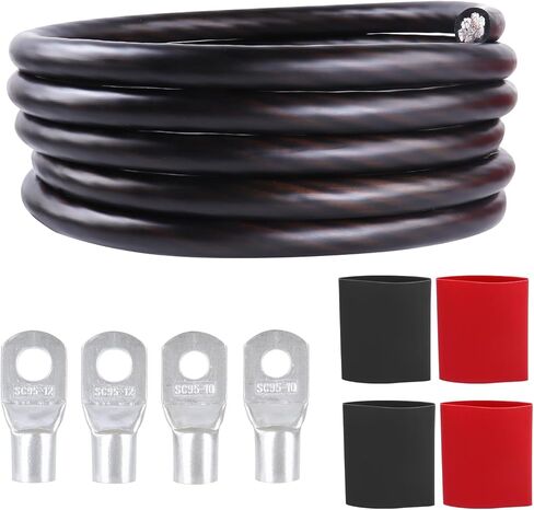 2/0 AWG Battery Cable (12 Feet Black, 12 Feet Red) - 2/0 Gauge CCA Welding Wire with SC Connector Lugs & 3:1 Heat Shrink Tubes for Solar, Car, RV, Accumulator in Kuwait