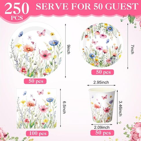 250 Pcs Floral Disposable Tableware Set Wildflower Disposable Paper Plates Vintage Floral Napkins and Cups for Wedding Tea Party Decoration Bridal Shower Baby Shower(Rustic Style) in Kuwait