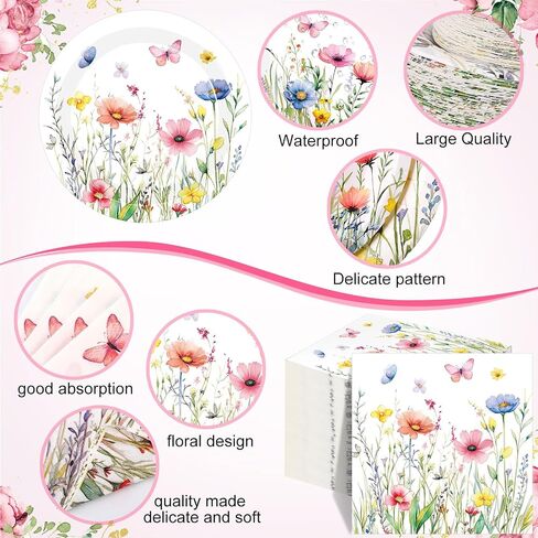 250 Pcs Floral Disposable Tableware Set Wildflower Disposable Paper Plates Vintage Floral Napkins and Cups for Wedding Tea Party Decoration Bridal Shower Baby Shower(Rustic Style) in Kuwait