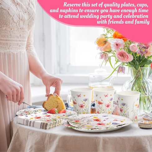 250 Pcs Floral Disposable Tableware Set Wildflower Disposable Paper Plates Vintage Floral Napkins and Cups for Wedding Tea Party Decoration Bridal Shower Baby Shower(Rustic Style) in Kuwait