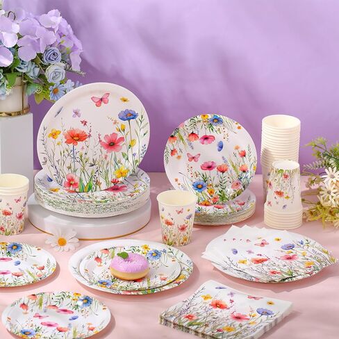 250 Pcs Floral Disposable Tableware Set Wildflower Disposable Paper Plates Vintage Floral Napkins and Cups for Wedding Tea Party Decoration Bridal Shower Baby Shower(Rustic Style) in Kuwait