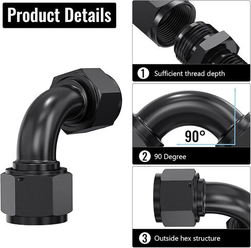 90 Degree 8AN Female to 8AN Female Swivel Flare Union Fitting Adapter, Black Hard Aluminum Hex Anodized Connector, Automotive Accessories Suitable for Vehicle Fuel Oil Line Modification in Saudi Arabia