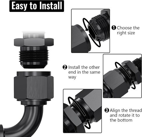 90 Degree 8AN Female to 8AN Female Swivel Flare Union Fitting Adapter, Black Hard Aluminum Hex Anodized Connector, Automotive Accessories Suitable for Vehicle Fuel Oil Line Modification in Saudi Arabia