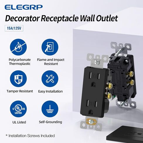 ELEGRP Matte Black Decorator Outlets ، منافذ وعاء الجدار ، المقاومة للعبث 15 أمبير مخرج جدار كهربائي قياسي ، درجة سكنية ، صفيحة ذاتية ، 125 فولت ، صفيحة حائط متوسطة الحجم ، مدرجة في UL ، 10 حزمة in Kuwait