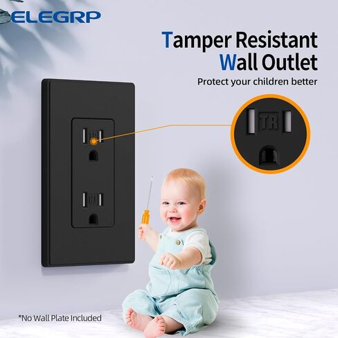 ELEGRP Matte Black Decorator Outlets ، منافذ وعاء الجدار ، المقاومة للعبث 15 أمبير مخرج جدار كهربائي قياسي ، درجة سكنية ، صفيحة ذاتية ، 125 فولت ، صفيحة حائط متوسطة الحجم ، مدرجة في UL ، 10 حزمة in Kuwait
