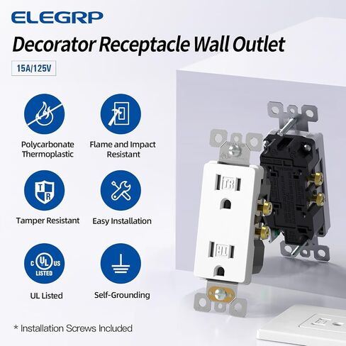 ELEGRP Matte Black Decorator Outlets ، منافذ وعاء الجدار ، المقاومة للعبث 15 أمبير مخرج جدار كهربائي قياسي ، درجة سكنية ، صفيحة ذاتية ، 125 فولت ، صفيحة حائط متوسطة الحجم ، مدرجة في UL ، 10 حزمة in Kuwait
