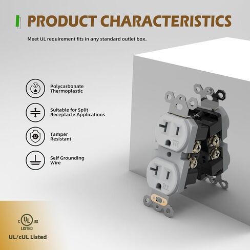 20 Pack Electrical Wall Outlet, 20A Tamper-Resistant Receptacle Outlet, 2 Pole 3 Wire, Self-Grounding, Duplex Receptacle for Residential and Commercial Use, UL Listed, White in Kuwait