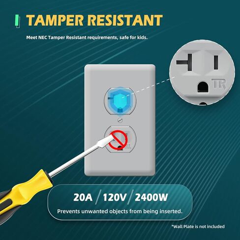 20 Pack Electrical Wall Outlet, 20A Tamper-Resistant Receptacle Outlet, 2 Pole 3 Wire, Self-Grounding, Duplex Receptacle for Residential and Commercial Use, UL Listed, White in Kuwait