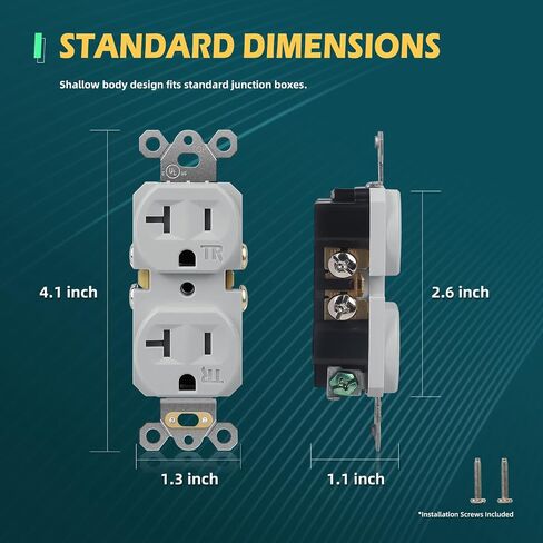 20 Pack Electrical Wall Outlet, 20A Tamper-Resistant Receptacle Outlet, 2 Pole 3 Wire, Self-Grounding, Duplex Receptacle for Residential and Commercial Use, UL Listed, White in Kuwait