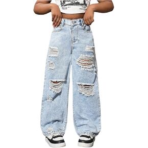 Floerns Girl's Distressed Jeans Baggy Wide Straight Leg Y2k Ripped Denim Pants
