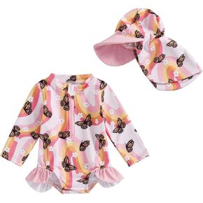 Baby Girl Swimsuit Baby Girls Long Sleeve One Piece Swimsuit Romper with Hat Bathing Suit Beach Rash Guard