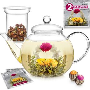 Teabloom Stovetop & Microwave Safe Teapot (40 oz) with Removable Loose Tea Glass Infuser – Includes 2 Blooming Teas – 2-in-1 Tea Kettle and Tea Maker