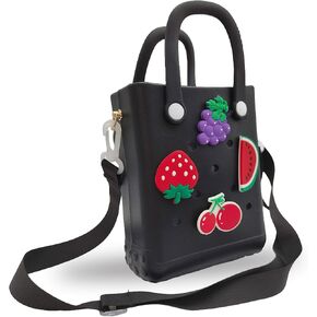 Small Rubber Beach Bag Simple Modern Waterproof Mini Eva Tote Pool Bag With Holes and Crossbody Strap For Women (BLACK)