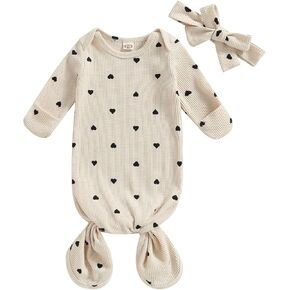 DuAnyozu Knotted Gown Baby Newborn Sleeping Bag Heart Print Sleep Sack Infant Girl Sleeper Valentines Pjs Set with Headband (red, 0-3 Months)