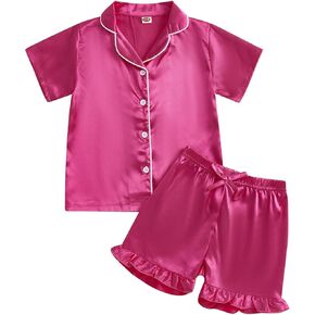 Multitrust Baby Girls Boys Silk Pajamas Set Solid Short Sleeve Button Down Shirts Tops and Shorts Infant Satin Pj Lounge Sets