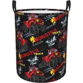 Cute Monster Trucks Cars Round Laundry Hamper Storage Basket Toys Clothes Organizer Bin For Home Bathroom Bedroom Dorm Nursery, 38l