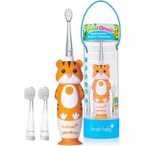 brush-baby WildOnes Kids Electric Rechargeable Toothbrush Tiger, 1 Handle, 3 Brush Heads, USB Charging Cable, for Ages 0-10 (Tiger)