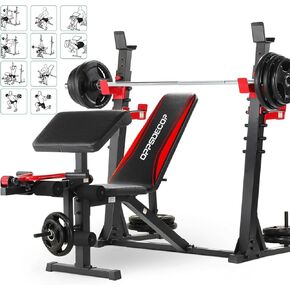 OPPSDECOR Professional Weight Bench Set with Barbell/Squat Rack, 900LBS Heavy Duty Bench Press Set with Leg Curl/Extension and Preacher Curl, Adjustable Full-Body Workout Bench for Home Gym Fitness