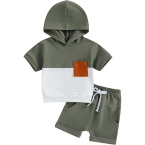 Toddler Baby Boy Hooded Summer Clothes Dinosaur Print Short Sleeve Color Block Short Set Cute Infant Summer Outfit
