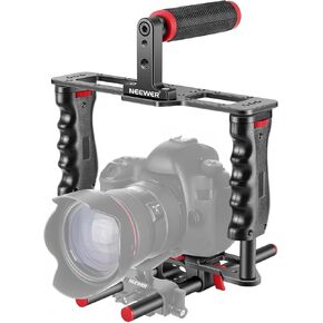NEEWER Camera Video Cage Film Movie Making Kit, Aluminum Alloy with Top Handle, Dual Hand Grip, Two 15mm Rods, Compatible with Canon Sony Fujifilm Nikon DSLR Camera and Camcorder (Black + Red)