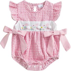 MoZiKQin Baby Girl Valentines Day Outfit Newborn Heart Plaid Bubble Romper Bowknot Ruffle Bodysuit Smocked Baby Clothes in Kuwait